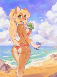 1girls almond_(waspsalad) beach bikini blonde_hair deer_ears deer_girl deer_tail doe female furry green_eyes juice_box pink_bikini ponytail tagme waspsalad