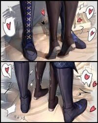 1boy absurdres artist_name black_boots boots brant_(wuthering_waves) chinese_commentary commentary_request cum cum_on_body cum_on_feet feet_only female female_rover_(wuthering_waves) heart highres implied_kiss implied_sex implied_sex_from_between_legs knee_boots lace-up_boots rover_(wuthering_waves) shadow spoken_heart straight thigh_boots tiptoes wuthering_waves xiaobailang