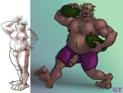 anthro bear belly big_penis blonde_hair food fruit genitals gesture gtskunkrat hair hi_res male mammal melon overweight overweight_male penis plant salute solo walking watermelon