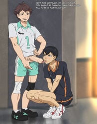 2boys anma beige_penis beige_skin black_hair blue_eyes blush brown_eyes brown_hair cock_hungry cum cum_hungry drooling erection fellatio foreskin gay haikyuu!! hair knee_pads licking_cum licking_penis male_only multiple_boys oikawa_tooru_(haikyuu!!) oral_sex penis saliva short_hair shorts_down soccer_uniform socks_and_shoes squatting tan_penis tan_skin text tobio_kageyama translated uncensored uncut veiny_penis yaoi