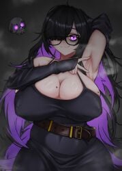 1girls :3 armpits arms_up bags_under_eyes belt black_hair breasts cleavage dress female goddess_of_victory:_nikke hair_over_one_eye label_(nikke) looking_at_viewer mole mole_on_breast multicolored_hair presenting_armpit purple_eyes purple_hair spread_armpit spreading_armpit