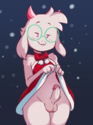 2022 balls boss_monster brachyzoid christmas christmas_outfit deltarune goat hi_res male_only malicious_smile nsfw_version penis ralsei ralsei_with_white_fur showing_off skirt solo_male