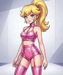 1girls 2d ai_generated blonde_female blonde_hair blue_eyes empty_background female_focus female_only light_skin mario_(series) ponytail princess_peach stripper stripper_clothes