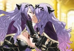2girls ai_generated camilla_(fire_emblem) fire_emblem fire_emblem_fates hair_over_one_eye huge_breasts kissing purple_hair selfcest yuri