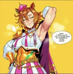 1girls 2d ai_generated animal_ears arm_behind_head arm_up armor armpit_fetish armpit_hair armpits breasts cape closed_eyes closed_mouth crown ear_piercing english english_text female_only hair_between_eyes hand_on_own_hip horse_ears horse_girl horse_tail medium_breasts mini_crown onilapper orange_hair piercing presenting_armpit shirt short_hair shoulder_armor simple_background skirt smile solo solo_female solo_focus speech_bubble steam steaming_body sweat sweatdrop t.m._opera_o_(umamusume) text umamusume umamusume_pretty_derby yellow_background