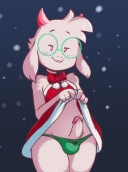 1boy 2022 boss_monster brachyzoid christmas christmas_outfit deltarune goat hi_res male male_only malicious_smile nsfw_version panties penis ralsei ralsei_with_white_fur showing_off skirt solo