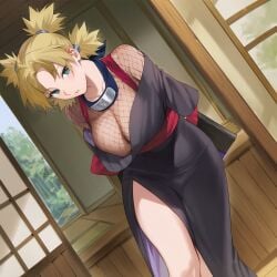 1girls ai_generated alternate_breast_size arms_behind_back asian asian_clothing asian_female bare_legs bare_thighs beauty_mark black_gloves blonde_hair blush breasts busty chinese_dress cleavage clothed clothing covered_nipples fan female female_only fingerless_gloves folding_fan fully_clothed gloves green_eyes hi_res high_resolution highres hips japanese_clothes kimono light-skinned_female light_skin lips looking_at_viewer makeup naruto naruto_(series) naruto_shippuden one_breast_out pale-skinned_female pale_skin pinup pose posing shounen_jump shueisha skimpy skimpy_clothes skimpy_dress solo solo_female standing temari thick_thighs thighs tied_hair twintails very_high_resolution weapon weekly_shonen_jump wide_hips yukata