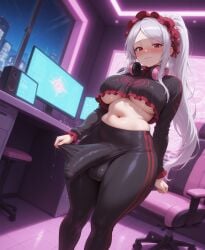 ai_art ai_generated balls ballsack bedroom bonnet bulge bulge_through_clothing bulge_under_clothes busty civitai cock crop_top curvy curvy_figure dickgirl dickgirl_focus eager embarrassed foreskin futa_focus futanari gamer gym gym_clothes half-erect headphones headset hi_res high_quality high_resolution highres horny huge_cock leggings looking_at_viewer midriff navel nervous overlord_(maruyama) pajama_shirt pajamas pale-skinned_futa pale_skin patreon penis penis_out ponytail pulling_clothing quivering red_eyes request requested self_upload shalltear_bloodfallen silver_hair stable_diffusion standing tight_clothes tight_clothing twitching uncensored uncircumcised uncut underboob upscaled voluptuous voluptuous_futa yuckle