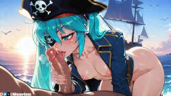 1boy ai_generated aqua_eyes aqua_hair belt bird blush bottomless breasts collarbone erection eyepatch fellatio female hair_between_eyes hat hatsune_miku jacket licking licking_penis long_hair long_sleeves miku_hatsune naked_coat naked_jacket nipples ocean open_clothes open_jacket oral outdoors patreon_username penis pirate pirate_hat pubic_hair seagull sky small_breasts solo_focus straight sweat tongue tongue_out twintails uncensored vocaloid watercraft wienergens