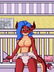 alyssa_(alyssasundale) alyssasundale animated anthro blue_hair breasts clean_diaper crib detailed_background diaper dragon energetic excited female looking_at_viewer nippleless potty_training_chart prideful red_body scalie solo tail wearing_diaper wiggle wiggling