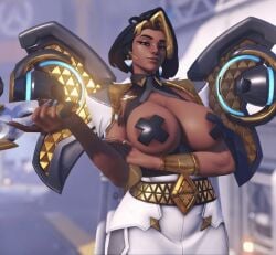 1girls 3d ai_generated am0 big_breasts breasts_out cleavage covered_nipples cross_pasties dark-skinned_female dark_skin domina female female_focus female_only huge_breasts indian indian_female large_breasts overwatch overwatch_2 pasties tagme third-party_edit two-tone_hair x_pasties