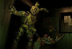 1boy 1furry 3d animatronic animatronic_male animatronic_suit anthro anthropomorphic erect erect_cock erect_dick erect_penis erection fazbear_frights_(location) ffp3d five_nights_at_freddy's five_nights_at_freddy's_3 mechanical_penis office rabbit rabbit_anthro robot solo springtrap tagme testicles zombie