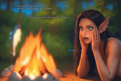 ai_generated black_hair campfire comic_page fish forest_background green_eyes macfiz mermaid_ears shark_teeth staring