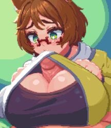 1boy 1girls alternate_version_available brown_hair clothed_female dog_girl glasses green_eyes hdoomguy indie_virtual_youtuber kemonomimi kissing_penis large_breasts large_penis mint_castella paizuri paizuri_under_clothes penis_poking_out pixel_art virtual_youtuber