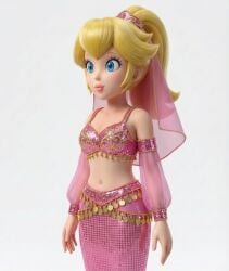 1girls 3d ai_generated belly_dancer belly_dancer_outfit blonde_female blonde_hair blue_eyes empty_background female_focus female_only light_skin mario_(series) ponytail princess_peach