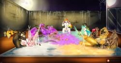 1boy 4futas alt anthro big_breasts breasts cum cum_everywhere cum_in_pool detailed_background furry futanari halloween huge_breasts large_breasts little_cat massive_breasts oc original_character pool pumpkin spiderweb spiderwebs