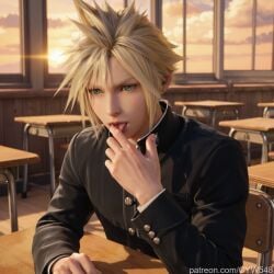1boy ai_generated blonde_hair cloud_strife final_fantasy_vii fingers male_only school_desk