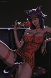 1girls armpits artist_signature big_breasts bleach bleach:_the_thousand-year_blood_war bracelet brown_skin cat_ears cat_eyes cat_tail choker couch dress fangs female female_focus female_only highres long_eyelashes long_hair nail_polish no_bra panties pattern_clothing png prixmal purple_fur purple_hair purple_tail red_lipstick red_nails rose seductive_look seductive_pose sexy sexy_body sexy_female shihouin_yoruichi strap_slip thick_thighs tight_clothing tight_dress valentine's_day yellow_eyes