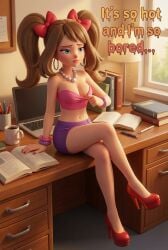 1girls 3d ai_generated blue_eyes blush books bracelet bracelets brown_hair brunette_hair desk earrings female female_focus female_only high_heels laptop light_skin lipstick may_(pokemon) necklace pearl_necklace pokemon pulling_clothing ribbon ribbons seductive_pose shorts sitting_on_desk sitting_on_table table text tight_clothing tubetop twintails