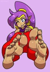 1girls barefeet barefoot blue_eyes blush clothed clothing earrings feet female female_only foot_fetish gold_(metal) gold_earrings gold_jewelry one_eye_closed purple_hair reathroch red_pants shantae shantae:_half-genie_hero shantae_(character) shantae_and_the_pirate's_curse shantae_and_the_seven_sirens smile soles sweat sweaty sweaty_feet tan_body tan_skin toenails toes watermark
