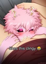 1boy artist_name ashido_mina black_sclera blush boku_no_hero_academia brown_shirt colored_sclera colored_skin cum cum_in_mouth female horns i'm_this_clingy_(meme) meme my_hero_academia neocoill penis pink_hair pink_skin shirt short_hair straight testicles uncensored web_address yellow_eyes