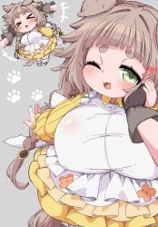 >_< :3 animal_ears blue_eyes blunt_bangs blush braid breasts brown_hair cheek_press chibi closed_eyes closed_mouth collarbone commentary_request dog_ears dog_tail doggy_style dutch_angle female flower forestia_~chiisana_machi_no_bokujou_life~ game_cg green_eyes hair_intakes hand_on_own_chest highres huge_breasts large_variant_set long_hair low_twin_braids mizohana_(orb-01) nipples one_eye_closed open_mouth retory_(forestia) simple_background skin_fang smile sunflower sweat tail thick_eyebrows third-party_source transparent_background twin_braids variant_set