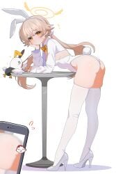 1girls ? ass belly_button_visible_through_clothing blue_archive blush breasts bunny_ears bunny_tail bunnysuit female female_focus hifumi_(blue_archive) high_heels leaning_forward leaning_on_table looking_at_viewer phone shusuchii skin_tight small_breasts standing sweat table taking_picture thighhighs thighs tight_clothing