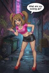 1girls 2d ai_generated alley back_alley bimbo bimbofication blue_eyes blush bracelet bracelets brown_hair brunette_hair earrings female female_focus female_only fishnets hairband high_heels light_skin lipstick looking_at_viewer may_(pokemon) miniskirt necklace pokemon street tight_clothing twintails