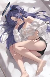 1girls ass bare_shoulders bed blue_archive blush booty_shorts breasts crop_top female female_focus female_only kerno long_hair looking_at_viewer loose_clothes lying lying_on_bed lying_on_side purple_eyes purple_hair pussy shirt small_breasts solo thighs tight_clothing transparent_clothing yuuka_(blue_archive)