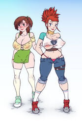 2girls areolae bare_calves big_breasts blue_eyes breasts brown_eyes brown_hair busty calves digimon digimon_tamers female female_focus female_only footwear front_view hourglass_figure juri_katou looking_at_viewer nipples orange_hair rika_nonaka ruki_makino smile sparrow_(artist) thighhighs thong torn_clothes wide_hips