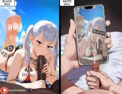 1girls 2boys ai_generated big_penis black_clover bull_pov cuckold cuckold_masturbating cuckold_orgasm cuckold_pov cum dark-skinned_male dark_skin english_text feet fellatio female himeno interracial large_breasts male masturbation noelle_silva penis_size_difference pov small_penis small_penis_humiliation teasing_cuck teasing_cuck_with_phone text twintails