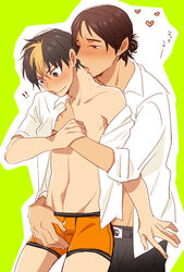 2boys asanoya azumane_asahi blush brown_hair haikyuu!! male_only multiple_boys nipples nishinoya_yuu short_hair sweat tagme tongue tongue_out underwear undressing yaoi