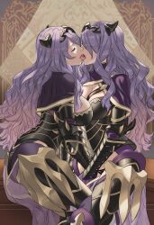 2girls ai_generated camilla_(fire_emblem) fire_emblem_fates hair_over_one_eye huge_breasts kissing purple_hair selfcest yuri