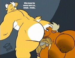 anthro ball_fondling balls becky_(johnny_bravo) bent_over big_breasts big_nipples breasts cartoon_network deer duo english_text female female_rimming_male fondling genitals hand_on_balls hi_res huge_breasts johnny_bravo johnny_bravo_(series) male male/female mammal moose muscular muscular_male new_world_deer nipples overweight overweight_female possbooty rimming_male text