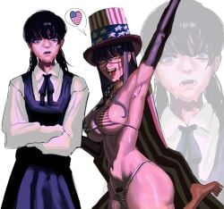 almost_naked_female american_flag american_flag_bikini american_flag_hat arm_raised armpits arms_crossed ass_outline belly big_breasts black_hair blue_eyes boobs chainsaw_man cute cute_face fully_clothed_female hand_on_another’s_back hand_up heart hips kaos_ottehkob long_hair looking_at_viewer mitaka_asa mouth_open scared scared_expression scars scars_on_face school_uniform schoolgirl sexy sexy_body sideboob sweatdrop tits tummy twintails yellow_eyes yoru_(chainsaw_man)