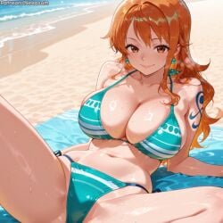 ai ai_art ai_generated artist_name beach big_breasts bikini breasts female female_only from_above large_breasts laying_on_beach laying_on_ground light-skinned_female long_hair looking_at_viewer nami_(one_piece) one_piece perfect_body perfect_boobs red_hair red_hair_female rexmagi smile spread_legs striped_bikini swimsuit waiting_for_sex watermark