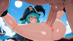 1boy ai_generated anus artist_name ass bird blue_sky blush breasts cloud dark_penis day female green_hair grin hair_between_eyes hat hatsune_miku long_hair lying mating_press miku_hatsune nipples nude ocean on_back one_eye_closed outdoors patreon_logo patreon_username penis pirate pirate_hat pussy seagull sex sky smile solo_focus straight teeth testicles twintails uncensored vaginal_penetration veins veiny_penis vocaloid wienergens