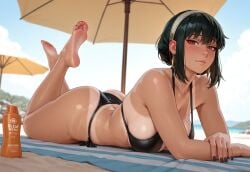 1girls 2026 ai_generated alternate_version_available ass beach beach_towel beach_umbrella big_ass big_breasts bikini bikini_tan black_bikii black_hair blush breasts civitai dark_hair earrings female kuarzo looking_at_viewer lying lying_on_stomach mature mature_female red_eyes solo spy_x_family sunbathing sunscreen thick_thighs thighs yor_briar yor_forger