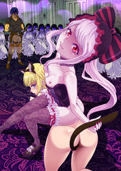 arche_eeb_rile_furt ass belt blue_hair brain_unglaus breasts cat_ears cleavage cute_fang gothic_lolita kneeling lolita_fashion overlord_(maruyama) perky_nipples petite petite_body petite_breasts petite_female red_eyes ribbon rurukichi shalltear_bloodfallen silver_hair sitting sitting_on_person sword tail undead vampire vampire_bride_(overlord) weapon young_looking_female