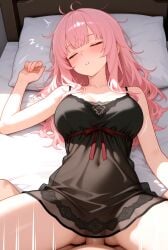 1boy 1girls ai_generated bedroom black_nightgown blush breasts closed_eyes hololive hololive_english hololive_myth in_bed large_breasts long_hair messy_hair missionary_position mori_calliope morning naked naked_male nightgown nude nude_male penis_in_pussy pink_hair pov sex sleep_sex sleeping vaginal_penetration virtual_youtuber vtuber