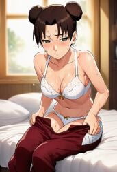 1girls accurate_art_style ai_generated anime_style big_breasts blush bra breasts brown_eyes brown_hair busty child_bearing_hips chinese_clothes cleavage double_bun excessive_sweat female female_only hand_on_hip heat heat_(temperature) horny horny_female hot hot_day hourglass_figure huge_breasts legs_together looking_at_viewer mostly_nude naruto naruto_(series) naruto_shippuden navel open_clothes open_pants panties partially_clothed reydemcug sensual sitting sitting_on_bed smile soaked sunlight tenten thick_thighs thighs topless topless_female twin_buns underwear voluptuous wet wet_skin wide_hips window