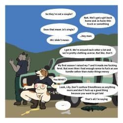 1:1 ambiguous_gender anthro areola beagle big_breasts black_clothing black_shirt black_t-shirt black_topwear bodily_fluids boots border bottomwear breasts brown_body brown_boots brown_clothing brown_footwear brown_fur canid canine canis casual_urination clothed clothes_on_ground clothing crouching dialogue domestic_dog duo english_text facial_markings female footwear fur genital_fluids genitals green_bottomwear green_clothing green_pants grey_body grey_clothing grey_footwear grey_fur grey_panties grey_socks grey_underwear head_markings hi_res hunting_dog jo_(oystr) light_truck mammal markings mel_(oystr) multicolored_body multicolored_fur muzzle_(marking) nipples nonbinary_(lore) oystr panties pants peeing pickup_truck pink_nipples presa_canario pubes raised_clothing raised_shirt raised_topwear scent_hound shirt shoes simple_background slightly_chubby slightly_chubby_female socks speech_bubble t-shirt text topwear truck two_tone_body two_tone_fur underwear united_states_forest_service urine urine_pool urine_stream vehicle vulva white_body white_border white_fur