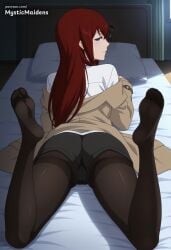 ai_generated anime anime_style artist_name ass bed bed_sheet black_pantyhose blush brown_hair brown_jacket coat feet feet_up female from_behind full_body hentai hi_res indoors jacket legs long_hair long_sleeves looking_at_viewer looking_back lying makise_kurisu mystic_maidens no_shoes off_shoulder on_bed on_stomach pantyhose pantyhose_under_shorts patreon patreon_username pillow profile purple_eyes red_hair shirt short_shorts shorts smile soles solo steins;gate toes white_shirt