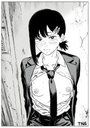 1girls against_wall areolae black_hair blush breasts chainsaw_man collared_shirt exposed exposed_breasts female female_only hi_res higashiyama_kobeni highres looking_at_viewer mole mole_under_eye monochrome nervous nipples no_bra open_clothes open_shirt small_breasts smile smiling smiling_at_viewer standing sweat sweatdrop sweating tie tns