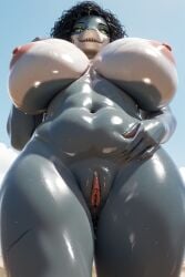 1female 4_fingers ai_generated anthro anthro_only beach beauty_mark big_breasts black_hair blue_skin breasts curly_hair female female_only furry furry_only furrypornaddiction hair huge_breasts looking_at_viewer looking_down marine muscular muscular_female navel nipples outside pussy shark solo solo_anthro solo_female thick_thighs two-tone_body vagina white_body white_skin wide_hips