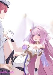 1boy 1girls arm_around_waist artist_name blue_eyes blush captain_(honkai_impact) captain_hat clothed_sex clothing cum cum_in_pussy cum_overflow elysia_(herrscher_of_human:ego) elysia_(honkai_impact) gloves grey_pants hair_between_eyes hair_ornament hat honkai_impact_3rd leotard leotard_aside long_hair medium_breasts multicolored_eyes nipple_piercing open_mouth pants penis pink_hair purple_eyes pussy red_hair sex smile standing standing_sex vaginal_penetration very_long_hair white_background white_gloves white_note white_shirt