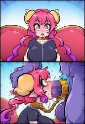 1boy 1girl 2koma ai_generated alistar black_shirt blush breasts bustybunz chain collar colored_skin comic cum_in_mouth deepthroat dragon_girl dragon_horns fellatio gradient_hair hetero huge_breasts huge_penis ilulu ilulu_(dragon_maid) ilulu_(maidragon) irrumatio large_breasts long_hair male_pubic_hair multicolored_hair oral penis pink_eyes pink_hair pointy_ears pubic_hair purple_hair purple_skin red_eyes shirt short_sleeves shortstack slit_pupils solo_focus tagme teeth testicles twintails uncensored yellow_horns