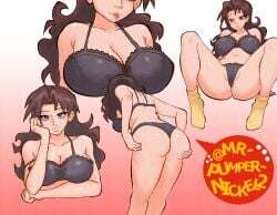 ass ass_focus azumanga_daiou bent_forward bent_over bra bra_strap bra_strap_slip breasts_apart breasts_bigger_than_head brown_eyes brown_hair brunette_hair digital_drawing_(artwork) digital_media_(artwork) fat_pussy gradient_background hi_res highres holding_ass huge_breasts large_breasts lingerie lingerie_bra lingerie_panties long_hair looking_at_viewer loving_gaze mrpumpernickel no_pants painted_nails panties pulling_down_pants pulling_down_skirt skirt smiling smiling_at_viewer socks teacher tongue tongue_out watermark yukari_tanizaki