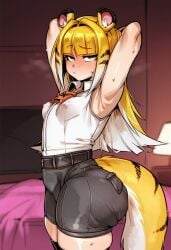 1girls 2d ai_generated animal_ears armpit_fetish armpits arms_behind_head arms_up ascot ass bed belt big_ass big_butt black_belt black_shorts black_thighhighs blonde_hair blunt_bangs blush breasts closed_mouth collared_shirt covered_nipples cowboy_shot cyreneceo female_only green_eyes hair_intakes huge_ass huge_butt indoors ju_fufu large_ass large_butt large_thighs long_hair looking_at_viewer multicolored_hair nipple_bulge nipples nipples_visible_through_clothing no_bra see-through see-through_clothes see-through_clothing shirt short_shorts shorts skindentation sleeveless sleeveless_shirt small_breasts solo solo_female steam sweat tail thick_ass thick_butt thick_thighs thighhighs thighs tiger_ears tiger_girl tiger_tail twisted_torso white_hair white_shirt zenless_zone_zero