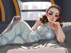 1girls 2d apartment areolae background bed bedroom big_breasts big_ears blanket blue_clothing blue_dress blush bodycon breasts breasts_visible_through_clothing brown_eyes brown_hair color coruscant crossed_legs curly_hair dress ears eyebrows eyelashes eyes female female_only hair human human_female human_only indoors inviting_under_covers large_areolae light-skinned_female light_blue_clothing light_skin long_dress long_ears long_hair looking_at_viewer nipples nipples_visible_through_clothing no_bra no_panties no_underwear on_bed open_eyes padme_amidala padme_amidala's_apartment particles pearl_(gem) pose revenge_of_the_sith seductive see-through see-through_clothing slim_waist solo star_wars theartofvero translucent_clothing watermark window